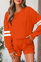 Orange Varsity Striped Sleeve Drop Shoulder Sweatshirt and Short Set