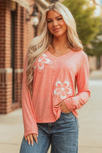 Fresh Salmon Floral Patchwork V Neck Long Sleeve T Shirt