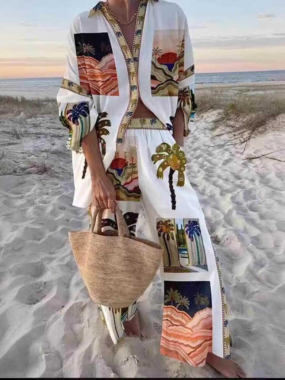 Unique Palm Tree Print Slouchy Two-Piece Set - Tropical Summer Vacation Beachwear