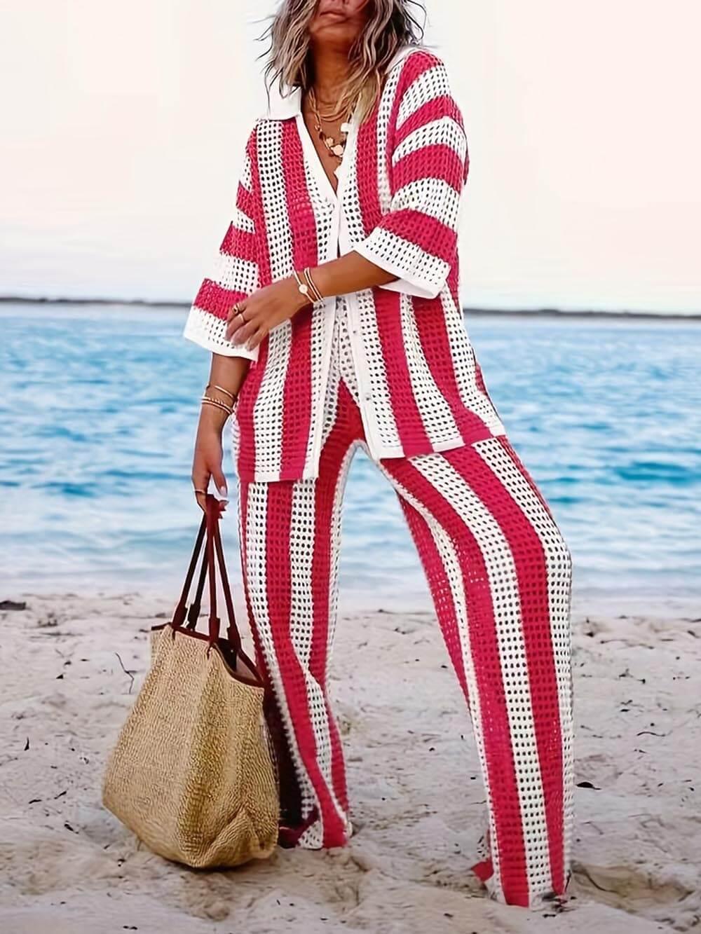 Women's Fashion Loose V-Neck Hollow Out Striped Shirt & Wide Leg Pants Set - Comfortable & Stylish Casual Vacation Wear