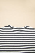 Gray Stripe Starry Patch Drop Shoulder Raw Edge Casual Knit Top