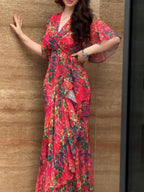 Women's Retro V-Neck Trumpet Sleeve Printed Dress - Bohemian Floral Cotton Polyester Wrap Skirt