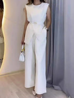Chic Round Neck Sleeveless Top & Wide-Leg Pants Suit - Elegant Polyester Set