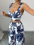 Chic Printed V-Neck Top and Loose Wide-Leg Pants Set for Women