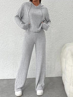 Women's Loose Hooded Knitted Striped Long-Sleeved Set - Comfortable & Stylish