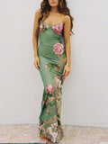 V-Neck Sleeveless Printed Backless High Waist Fitted Dress with Plant and Flower Motifs