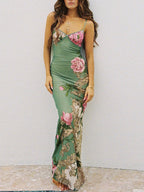 V-Neck Sleeveless Printed Backless High Waist Fitted Dress with Plant and Flower Motifs