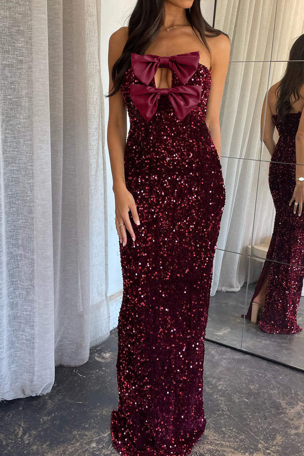 Red Dahlia Satin Bow Decor Sequin Strapless Long Party Dress