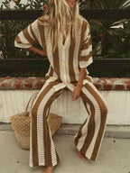 Women's Fashion Loose V-Neck Hollow Out Striped Shirt & Wide Leg Pants Set - Comfortable & Stylish Casual Vacation Wear