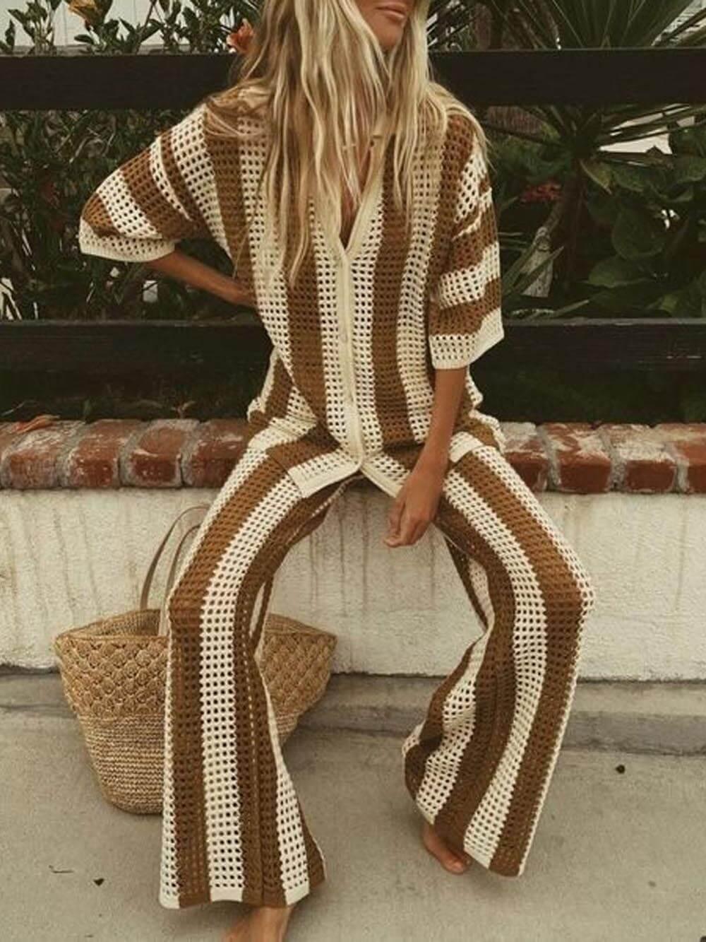Women's Fashion Loose V-Neck Hollow Out Striped Shirt & Wide Leg Pants Set - Comfortable & Stylish Casual Vacation Wear