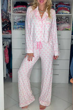 Pink Bow Print Long Sleeve Shirt and Pants Soft Pajama Set
