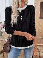 Ribbed Knit Long Sleeve Henley T-Shirt