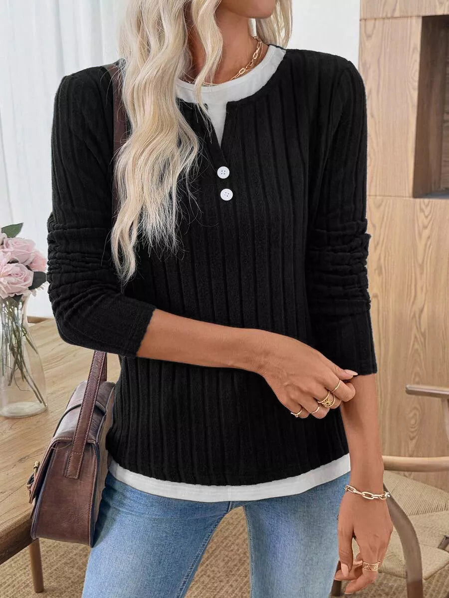 Ribbed Knit Long Sleeve Henley T-Shirt