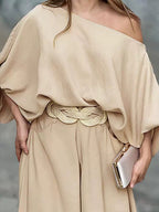 Elegant Off-Shoulder Lantern Sleeve Top and Pants Set - Comfortable Cotton