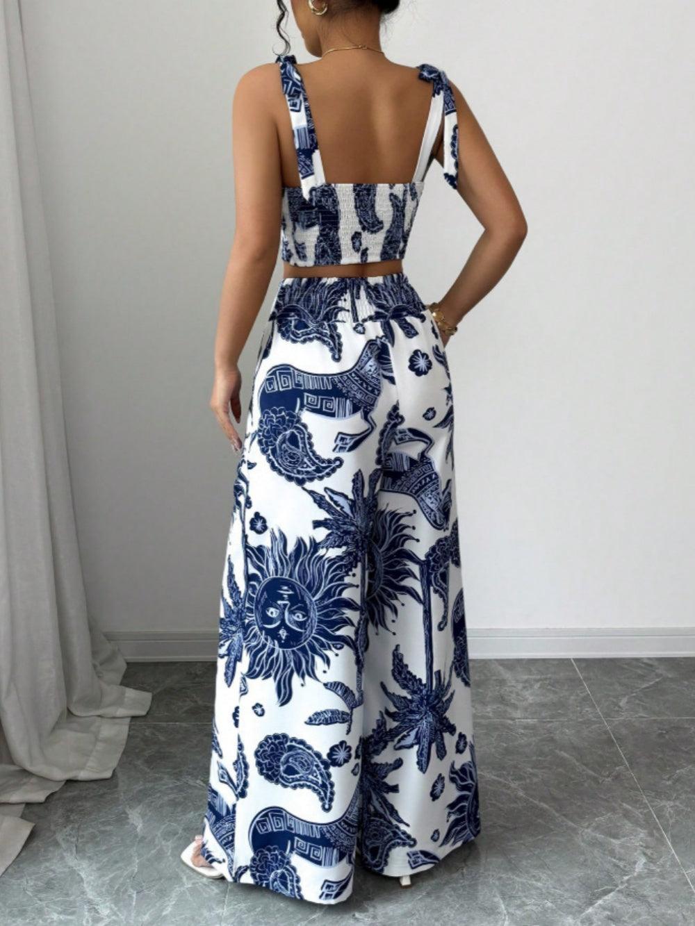 Chic Printed V-Neck Top and Loose Wide-Leg Pants Set for Women