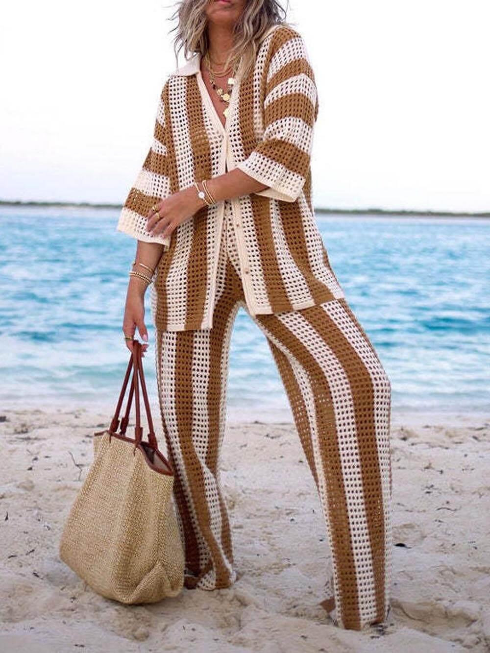 Women's Fashion Loose V-Neck Hollow Out Striped Shirt & Wide Leg Pants Set - Comfortable & Stylish Casual Vacation Wear