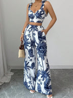 Chic Printed V-Neck Top and Loose Wide-Leg Pants Set for Women