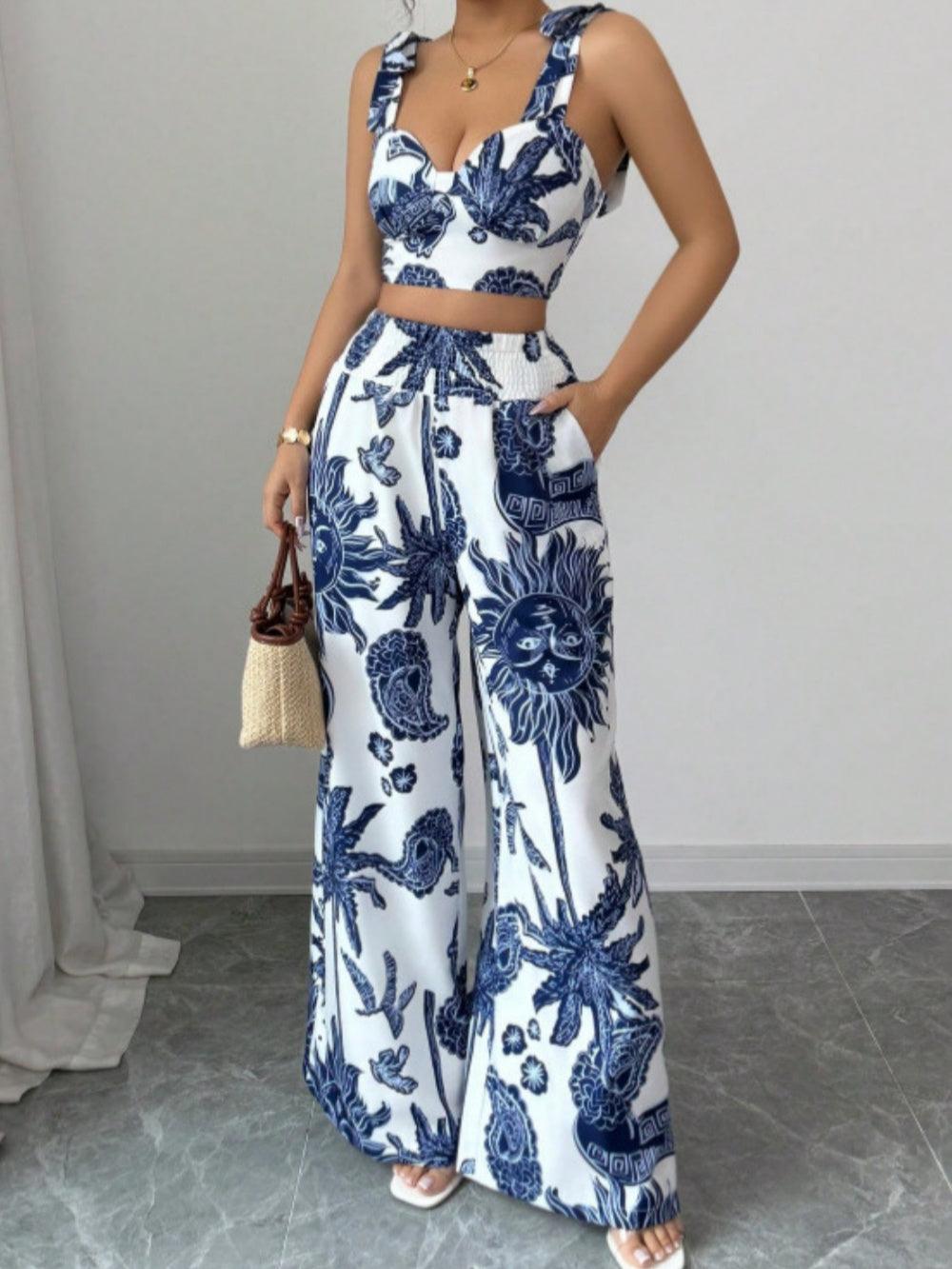 Chic Printed V-Neck Top and Loose Wide-Leg Pants Set for Women