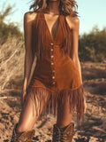 Women's Western Brown Suede Sleeveless Mini Dress with Tassel Fringe