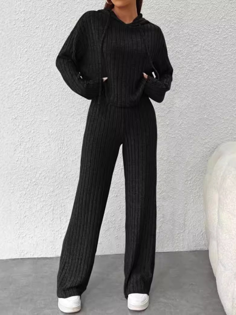 Women's Loose Hooded Knitted Striped Long-Sleeved Set - Comfortable & Stylish