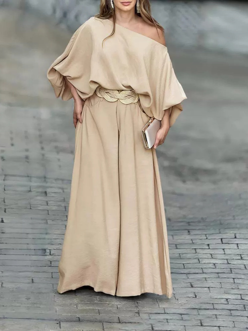 Elegant Off-Shoulder Lantern Sleeve Top and Pants Set - Comfortable Cotton