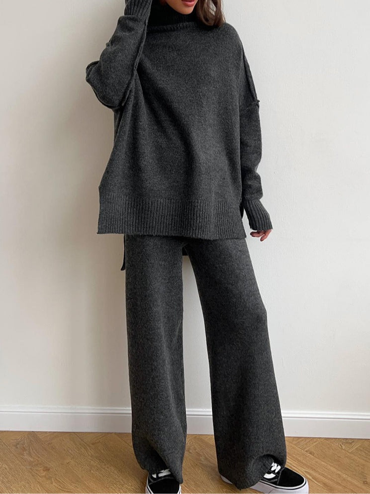 Women's High-Neck Loose Thick Knit Sweater and Pants Set - Cozy & Stylish