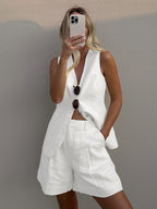 Comfortable Cotton and Linen Blend Vest and Shorts Set with Pockets - Perfect for Summer