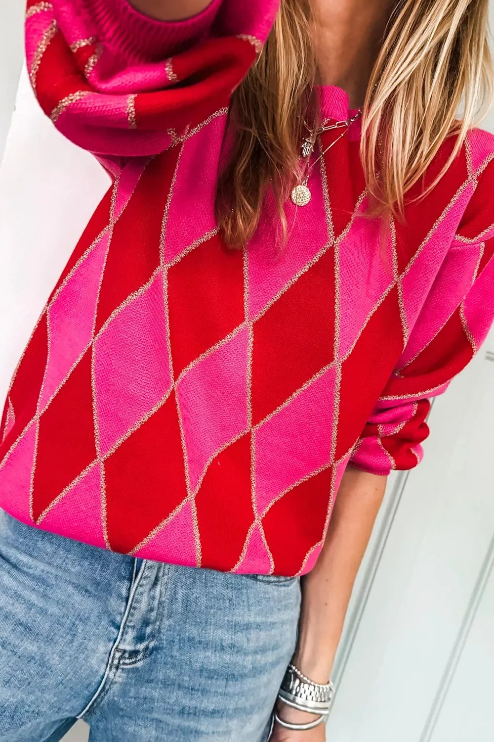 Argyle Pattern Long Sleeve Sweater