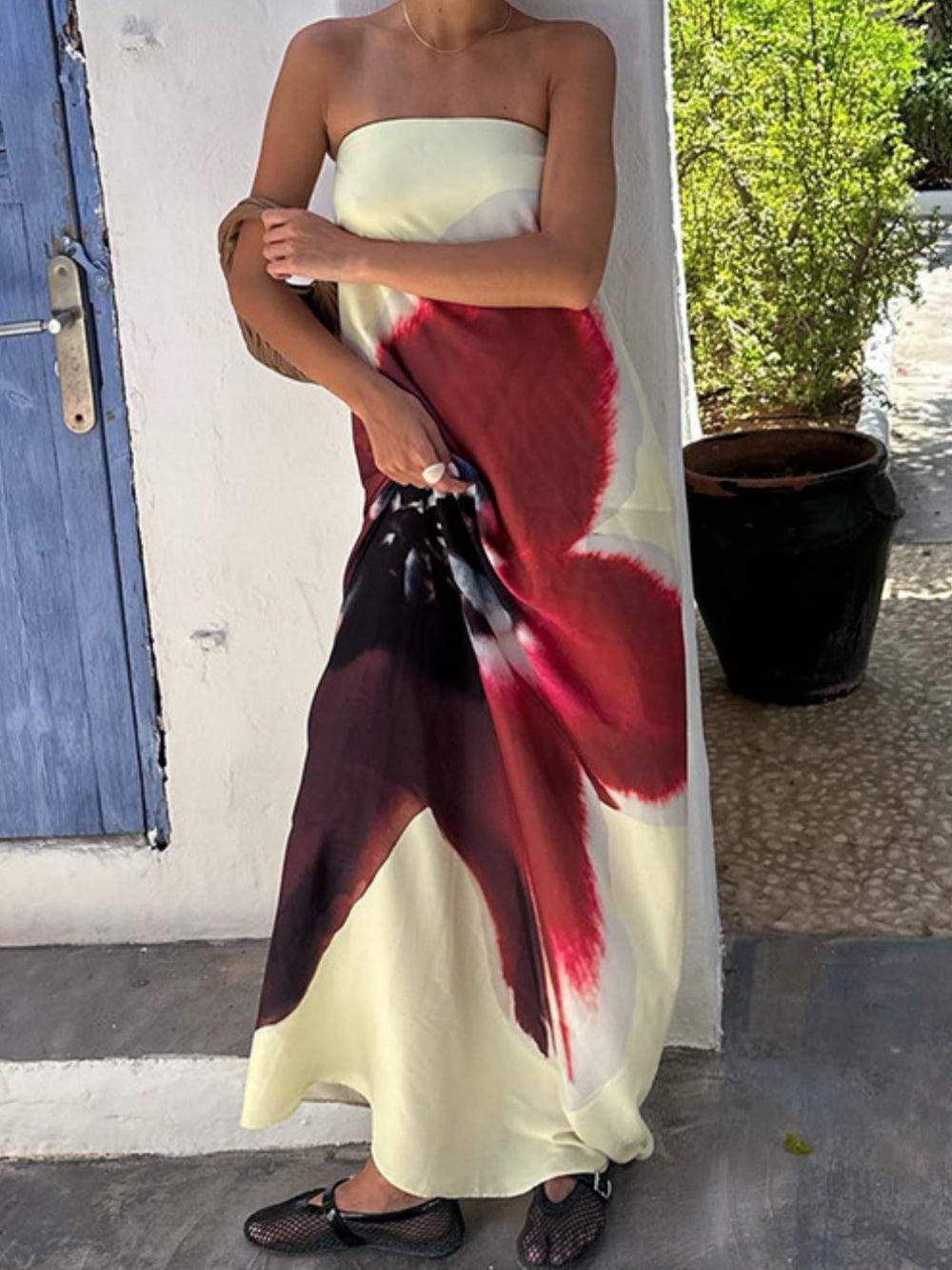 Women's Floral Print Backless High Waist Long Tube Top Dress