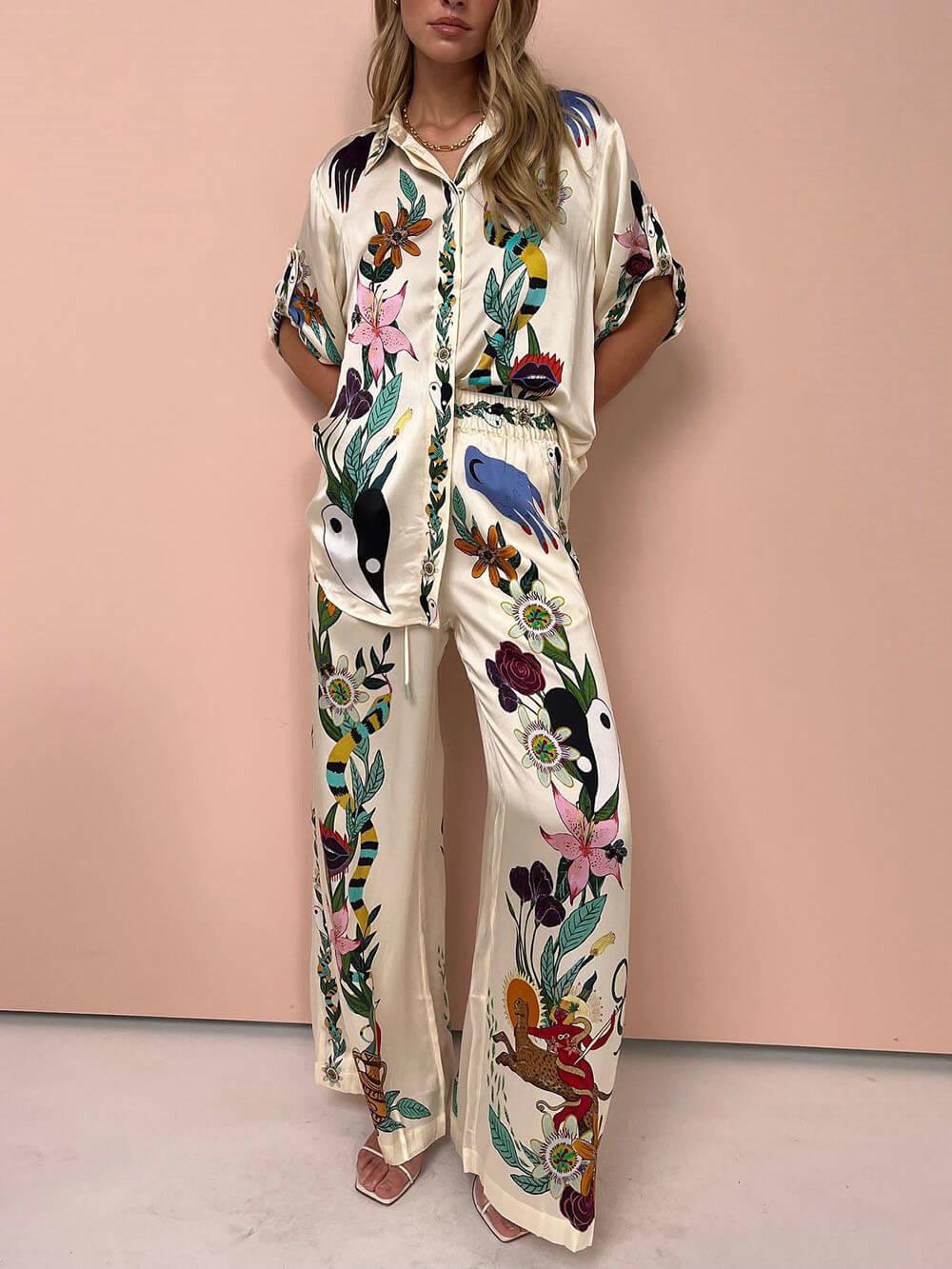Unique Print Satin Button-Down Oversized Blouse - Modern Sophisticated Feel