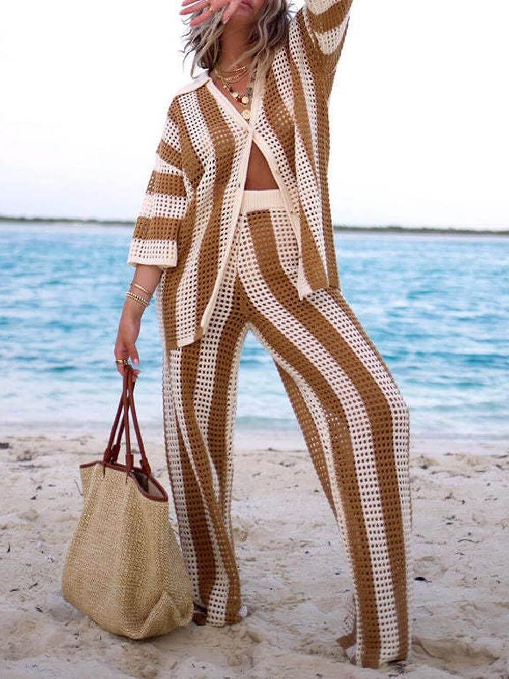 Women's Fashion Loose V-Neck Hollow Out Striped Shirt & Wide Leg Pants Set - Comfortable & Stylish Casual Vacation Wear