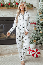 Elegant White Bows Print Two-Piece Sleepwear Set - Long Sleeve Collar Top & High Waist Pants