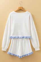 White Plaid Ruffled Patchwork Drop Shoulder Pullover and Drawstring Elastic Waist Shorts Matching Set
