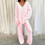 Elegant Solid Color V-Neck Two-Piece Set for Women - Casual & Fashionable