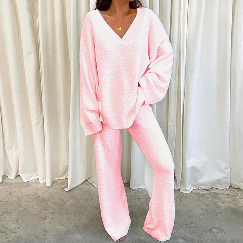 Elegant Solid Color V-Neck Two-Piece Set for Women - Casual & Fashionable