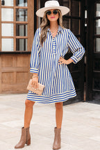 Blue Stripe Collared Half Button Side Pockets Loose Fit Mini Dress