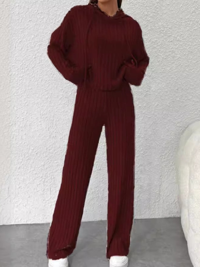 Women's Loose Hooded Knitted Striped Long-Sleeved Set - Comfortable & Stylish