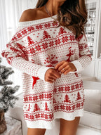 Women's Festive Christmas Jacquard Loose Knit Long-Sleeved Acrylic Dress - Comfortable & Stylish Pullover