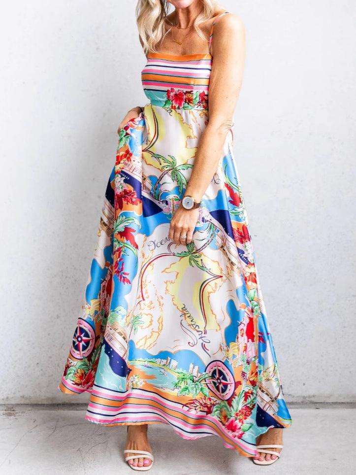 Women's Printed Painted Holiday Style A-Line Suspender Dress