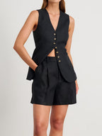 Comfortable Cotton and Linen Blend Vest and Shorts Set with Pockets - Perfect for Summer