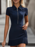 Zip-Front Polo Dress With Pleated Hem