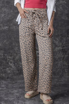 Khaki Leopard Printed Drawstring Elastic Waistband Pocketed Wide Leg Jeans
