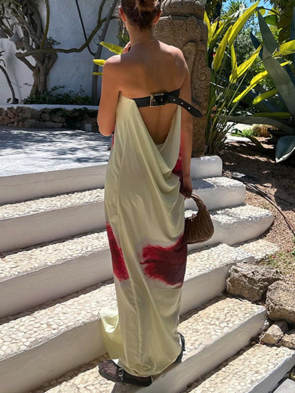 Women's Floral Print Backless High Waist Long Tube Top Dress