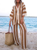 Women's Fashion Loose V-Neck Hollow Out Striped Shirt & Wide Leg Pants Set - Comfortable & Stylish Casual Vacation Wear