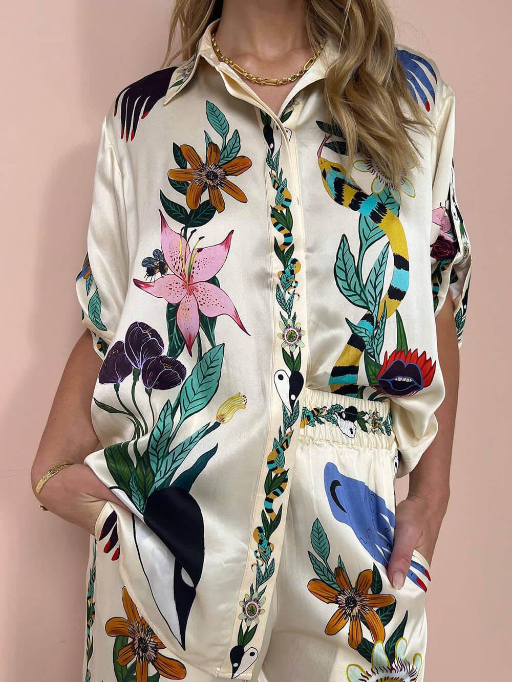 Unique Print Satin Button-Down Oversized Blouse - Modern Sophisticated Feel