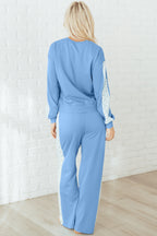 Beau Blue Floral Patchwork Drop Shoulder Pullover & Sweatpants Lounge Set - Cozy & Chic Loungewear