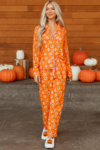 Orange Halloween Print Lapel Shirt Long 2pcs Pajama Set