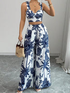 Chic Printed V-Neck Top and Loose Wide-Leg Pants Set for Women