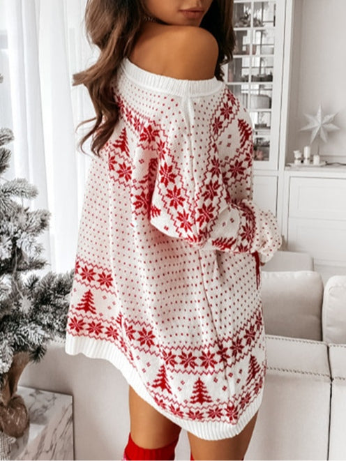 Women's Festive Christmas Jacquard Loose Knit Long-Sleeved Acrylic Dress - Comfortable & Stylish Pullover
