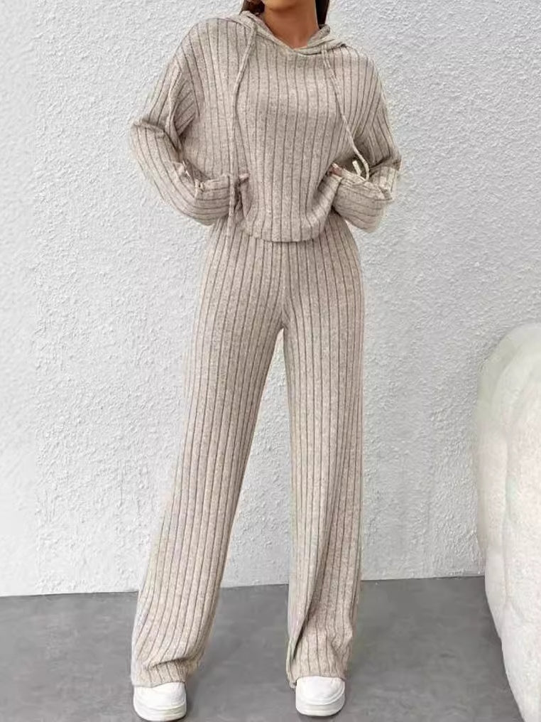 Women's Loose Hooded Knitted Striped Long-Sleeved Set - Comfortable & Stylish